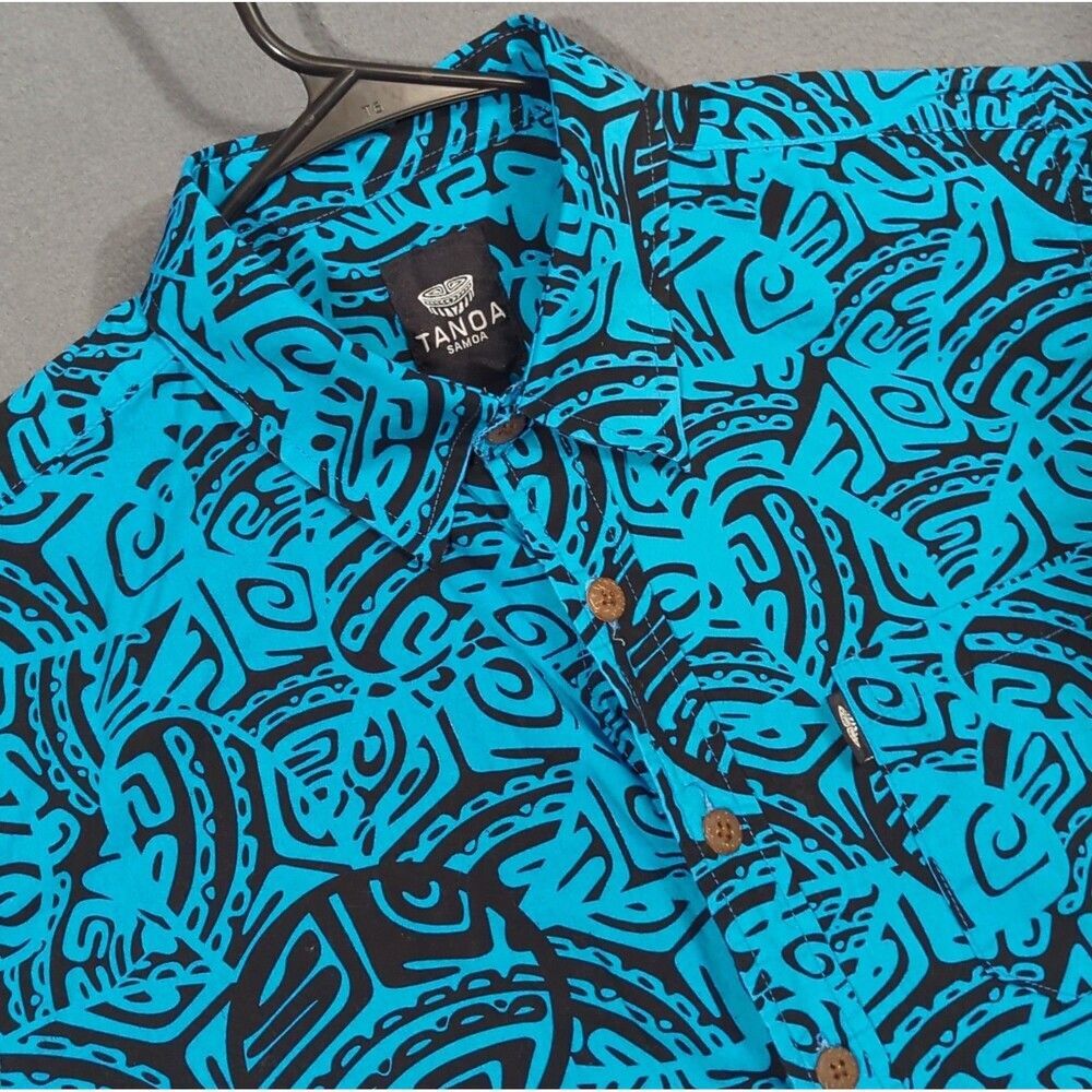 Tanoa Samoa Shirt Men's L Blue Cotton Tribal Island Print Short Sleeve Button Up